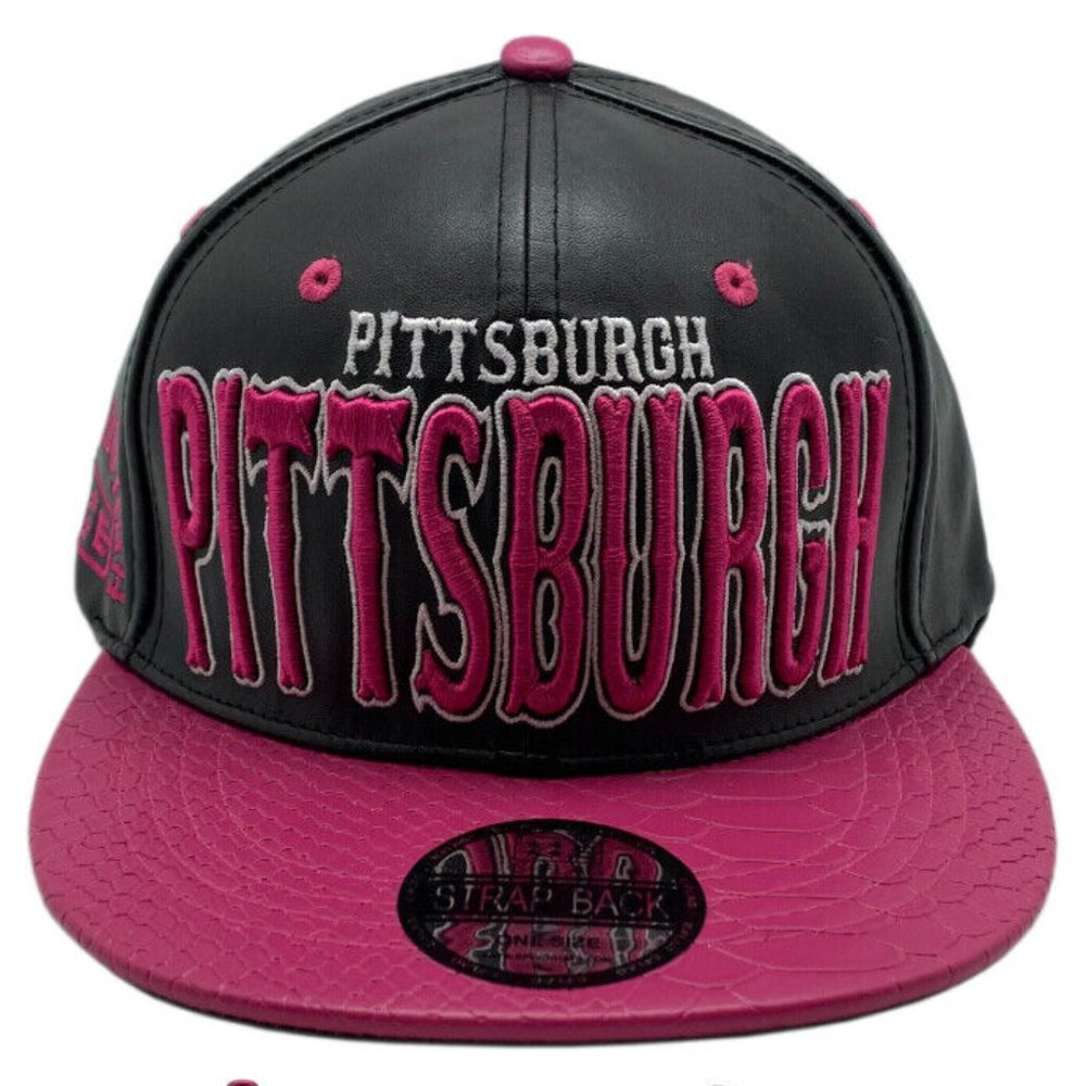 Pittsburgh E-Flag Stacked Leather Strapback Hat